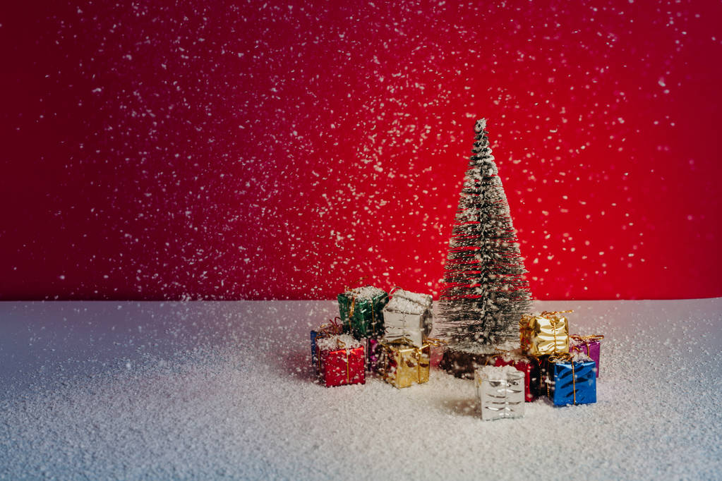 美しいクリスマス ツリー雪の間それのまわりの贈り物。赤い背景と特殊な光. - 写真・画像