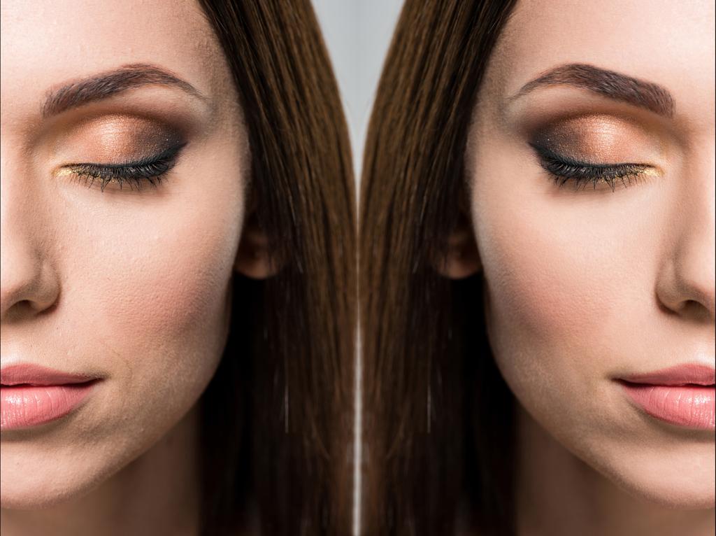 twarz kobiety przed i po retuszu - Zdjęcie, obraz