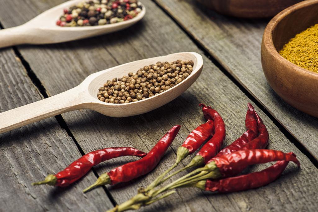 Chili peppers and spoons with spices - Photo, Image