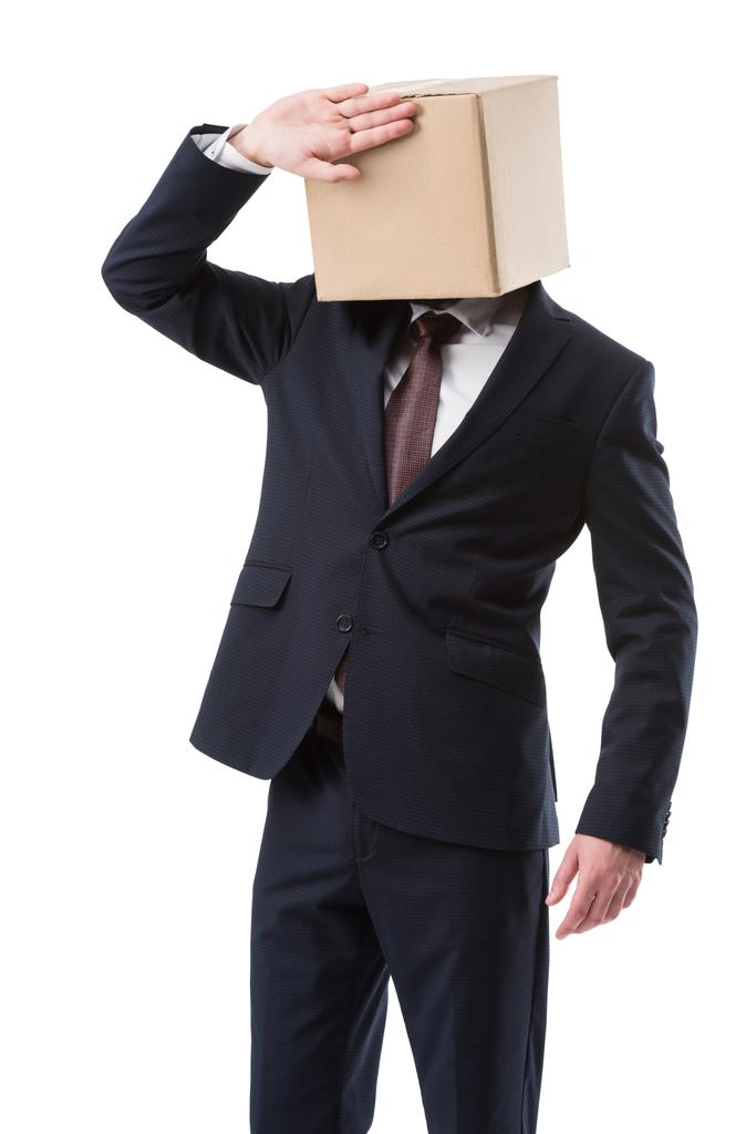 頭の上の段ボール箱を持ったビジネスマン - 写真・画像