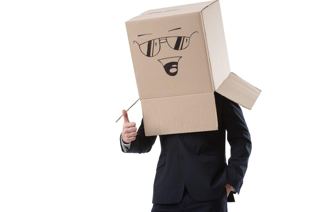 homem de negócios com polegar para cima e caixa na cabeça
 - Foto, Imagem