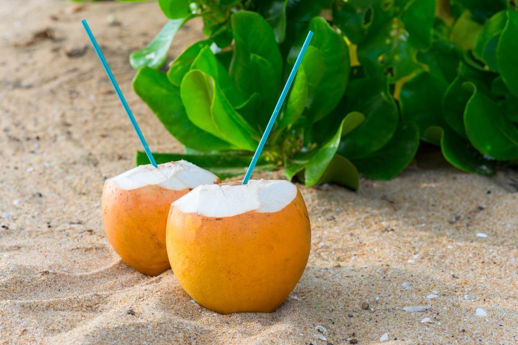 cocktaileja kookospähkinöissä hiekalla
 - Valokuva, kuva
