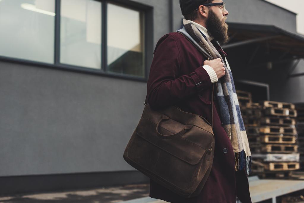 man in stylish clothing with leather bag - Photo, Image