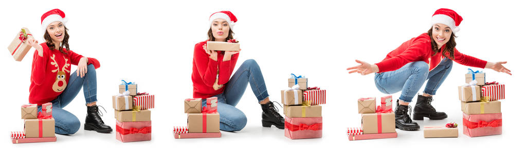 mujer sentada en el suelo con regalos de Navidad
 - Foto, imagen
