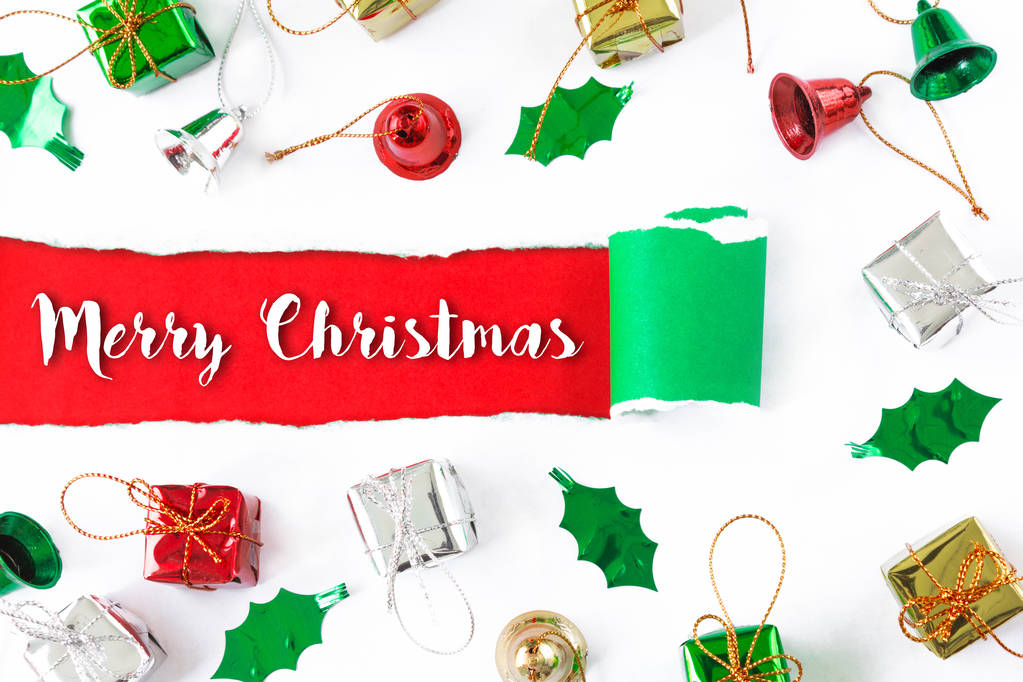 christmas background in top view with merry christmas word - Photo, Image