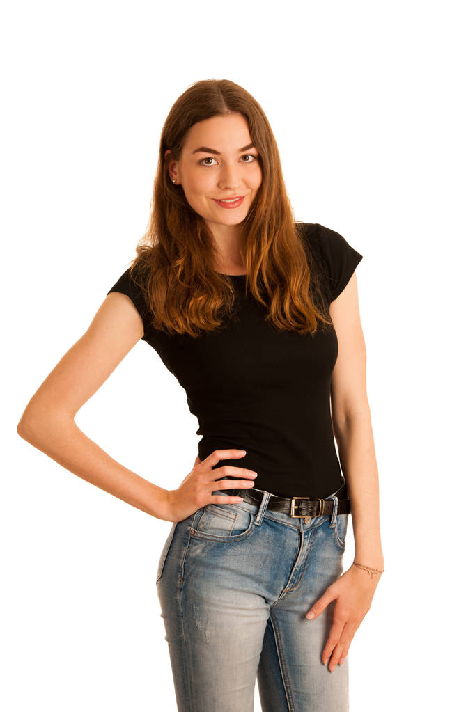 jovem atraente em jeans e camiseta preta isolada sobre
  - Foto, Imagem