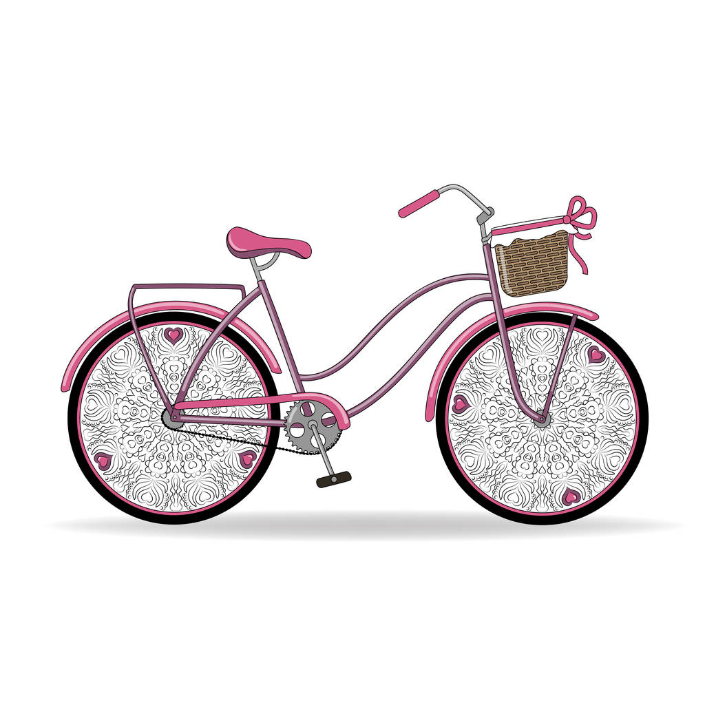 Illustrazione vettoriale. Gentle signore vintage rosa Bicicletta con insolite ruote traforate con cuori e cesto
. - Vettoriali, immagini