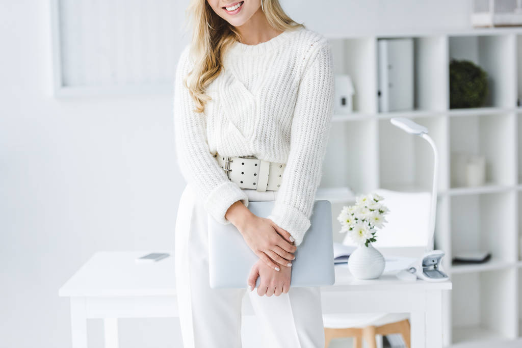 businesswoman in white clothes with laptop - Photo, Image