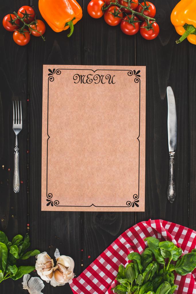menu, cutlery and vegetables  - Photo, Image