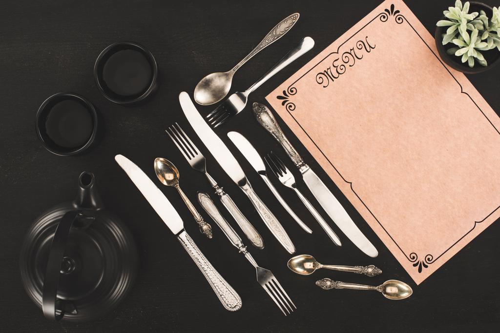 Menü, çatal bıçak ve çay seti - Fotoğraf, Görsel