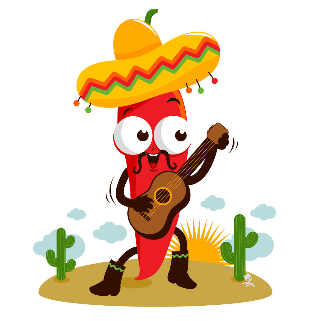 Мариачи перец чили играет на гитаре
 - Вектор,изображение