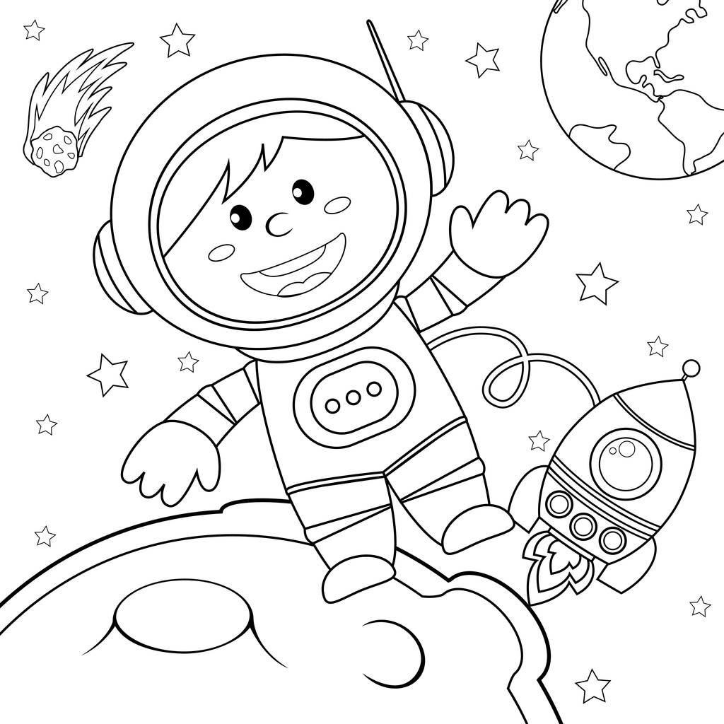 Astronauta en el espacio. Ilustración vectorial en blanco y negro para colorear libro
 - Vector, Imagen