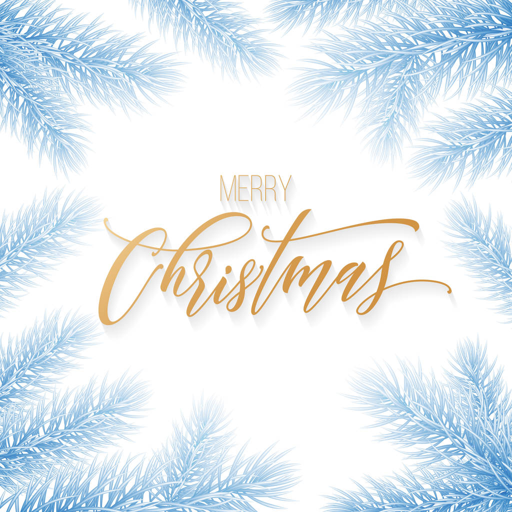 メリー クリスマスと幸せな新年黄金凍りついた雪飾りホリデー グリーティング カードに描かれた引用書道フォントを手します。ベクトルのクリスマスもみの木支店ブルー フレーム装飾背景テンプレート - ベクター画像