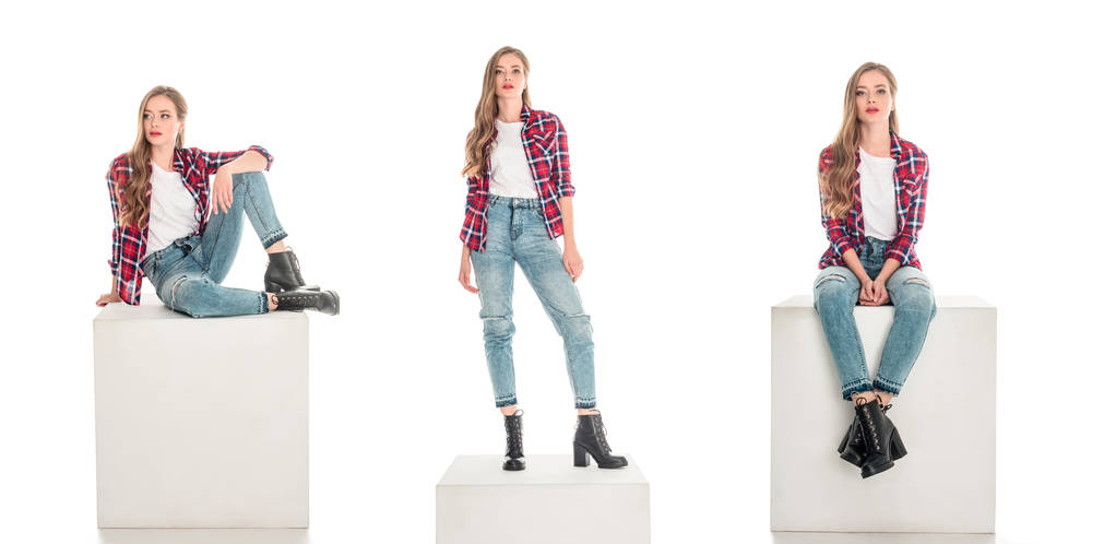 市松模様の t シャツとジーンズの女の子 - 写真・画像