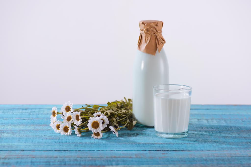 Milch mit Kamillenblüten - Foto, Bild