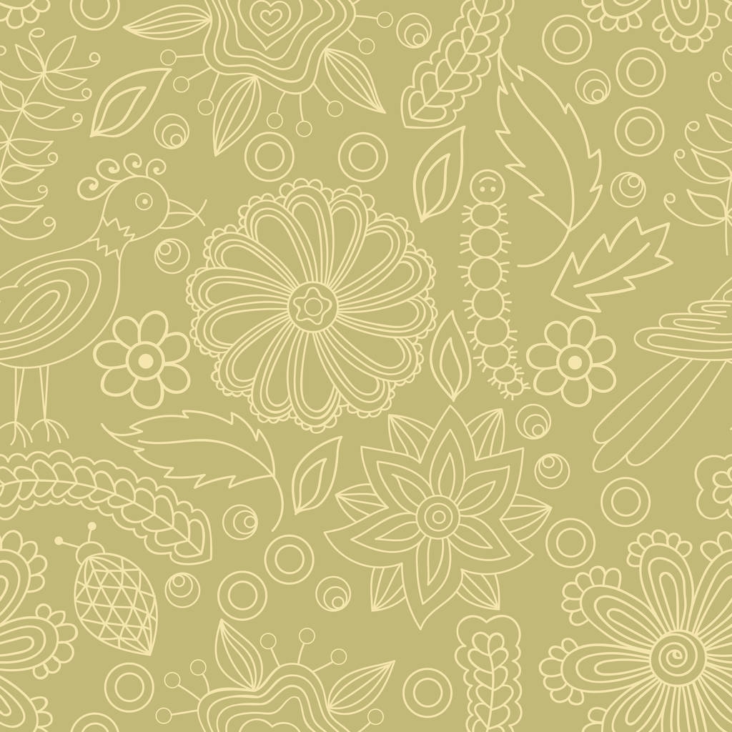 Vector seamless pattern with abstract floral elements, insects and birds. Elements are hidden under mask, not cut off. Contour is smooth. Swatch is in the panel. Perfect for wallpaper, textile print - ベクター画像