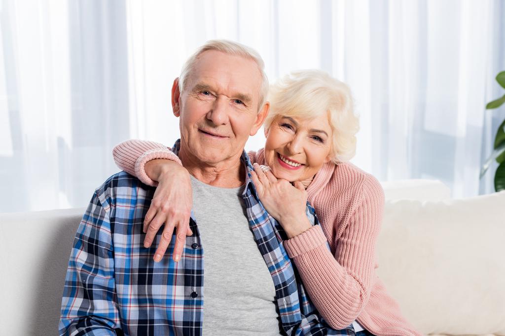 portrait of happy senior husband and wife looking at camera - Photo, Image