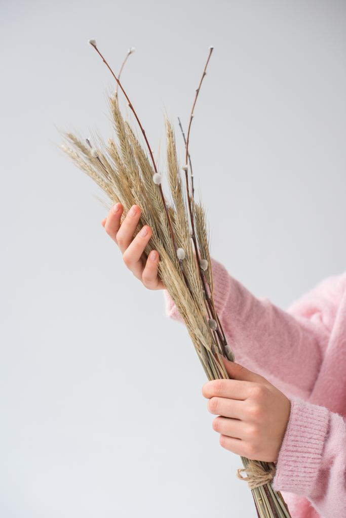 cropped image of woman holding bunch of willow tree branches and spikelets isolated on gray  - Photo, Image