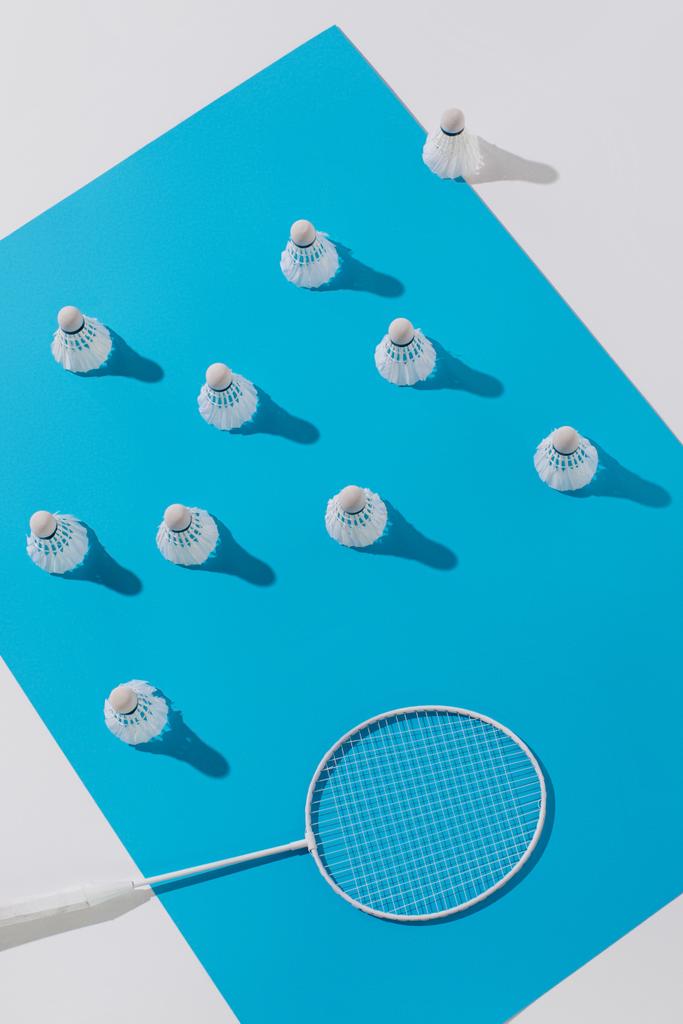 vue du dessus de la raquette de badminton et des navettes sur papier bleu
 - Photo, image