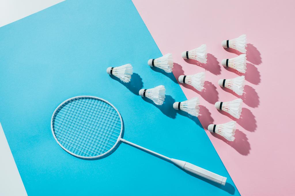 Ansicht der Komposition mit Badmintonschläger und Federhähnen auf blauem und rosa Papier - Foto, Bild
