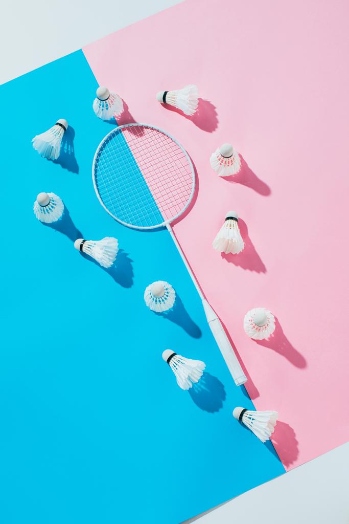 pohled shora opeřené kolem badminton raketa na modré a růžové papíry - Fotografie, Obrázek