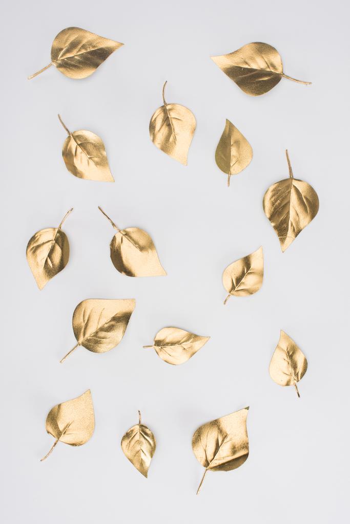 κλείνω πάνω θέα του τοποθετημένα χρυσά φύλλα που απομονώνονται σε γκρι - Φωτογραφία, εικόνα