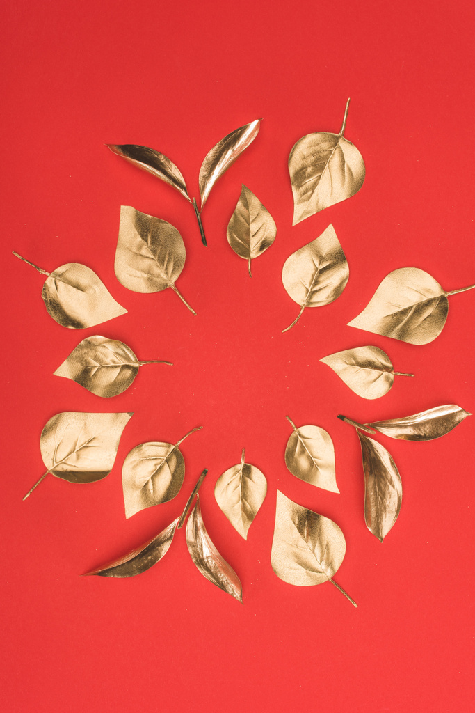 top view of arranged in circle golden leaves isolated on red - Photo, Image