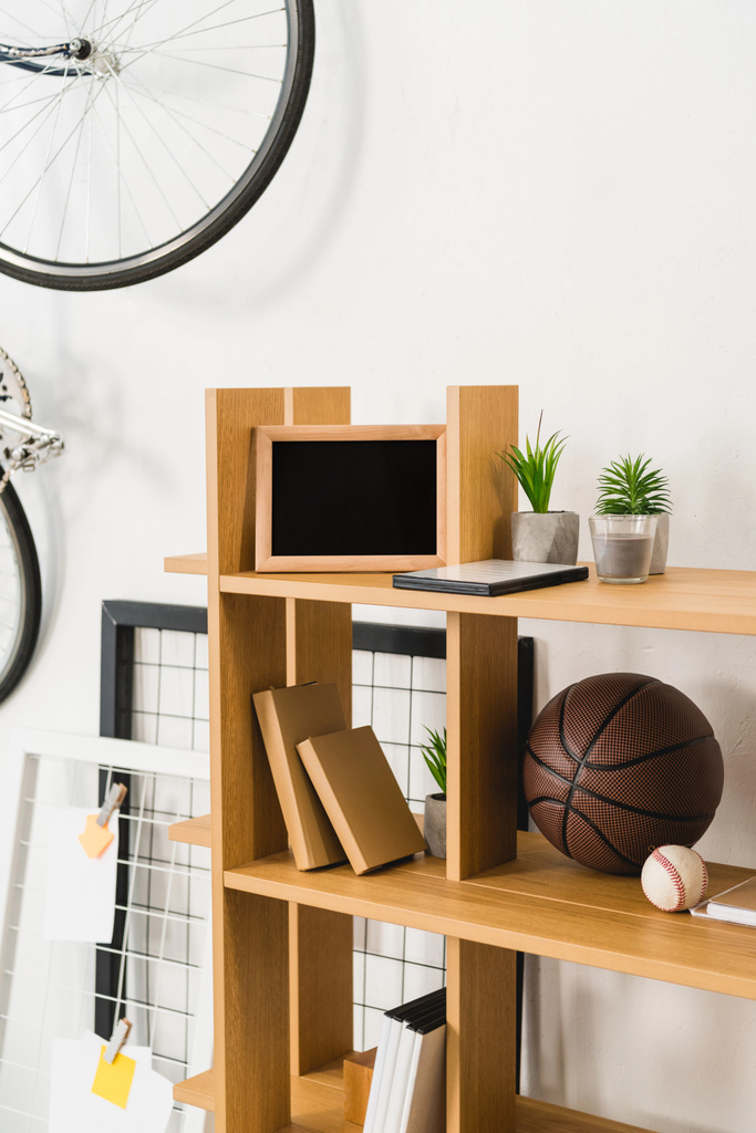 Bike on wall and basketball and baseball balls on shelves - Photo, Image