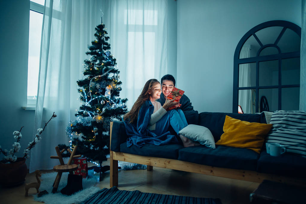 Mladá žena s manželem při pohledu na vánoční dárek - Fotografie, Obrázek
