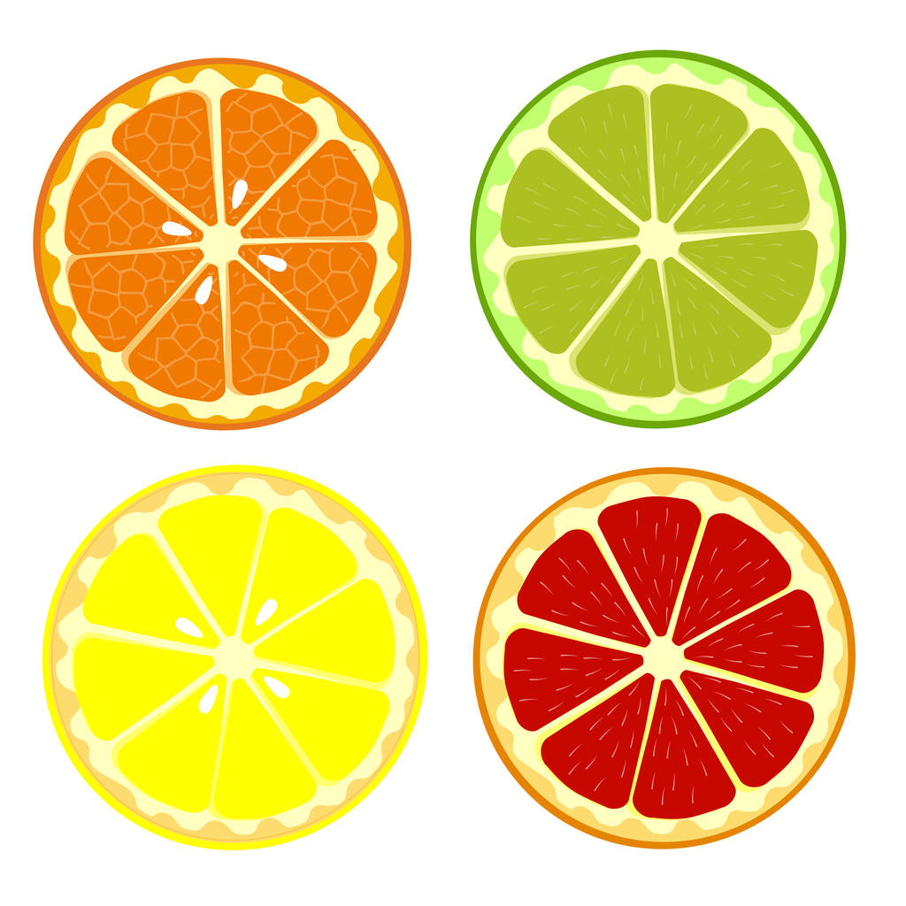 Conjunto de frutas naranja, limón, lima, pomelo. Colección de frutas de dibujos animados clipart. Iconos aislados sobre fondo blanco. Vector
 - Vector, Imagen