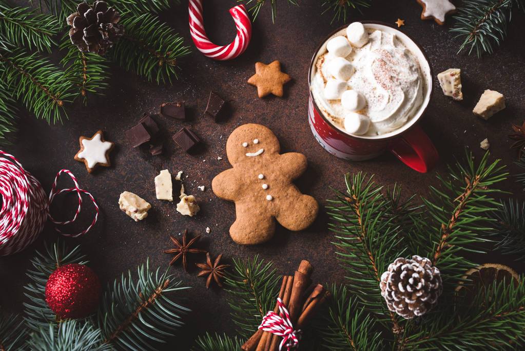 Bodegón de Navidad o invierno con taza de chocolate caliente, galletas y bastones de caramelo
 - Foto, Imagen