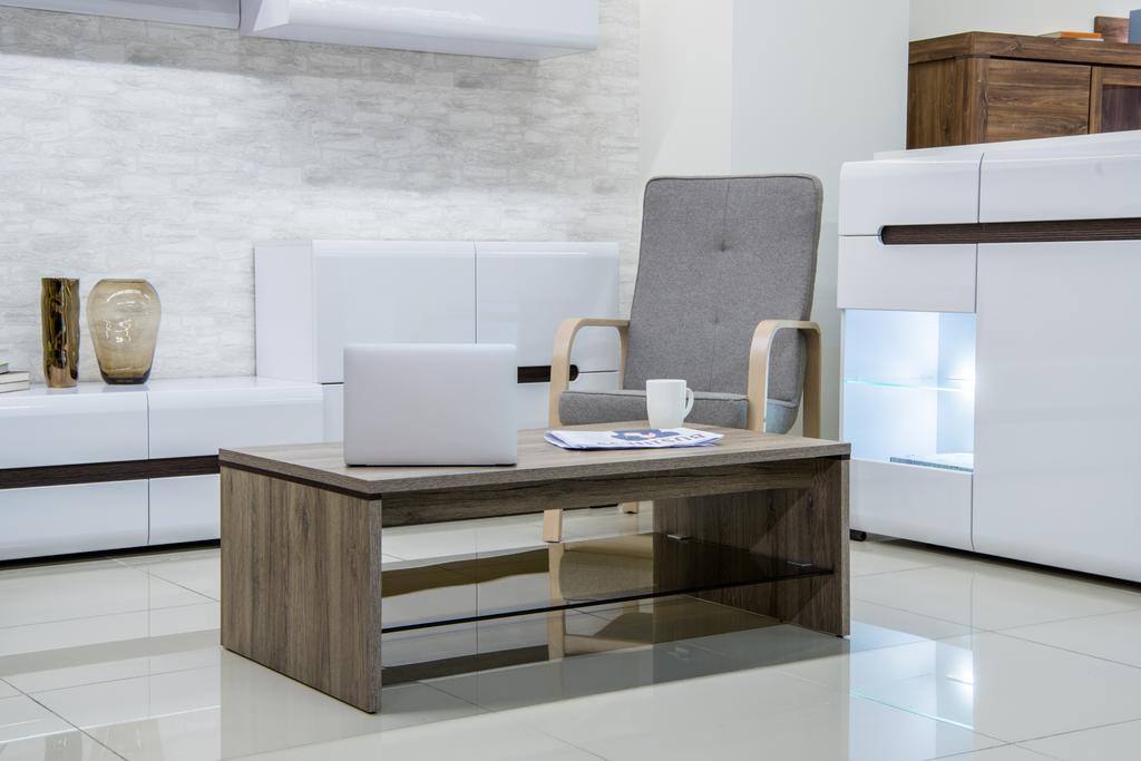 moderne woonkamer interieur met laptop op tafel - Foto, afbeelding