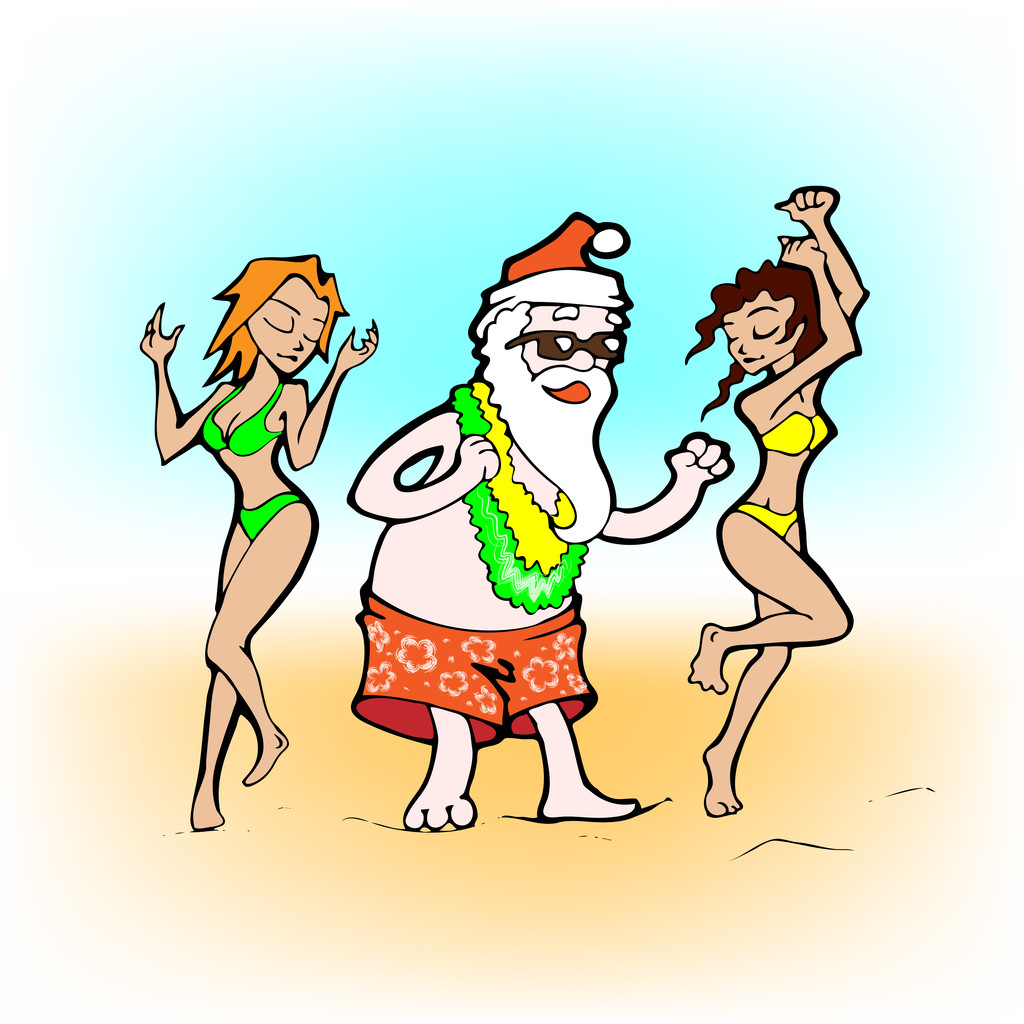 kreslený santa s holky na pláži. - Vektor, obrázek
