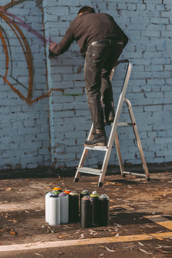 man standing on ladder and painting colorful graffiti on building - Photo, Image