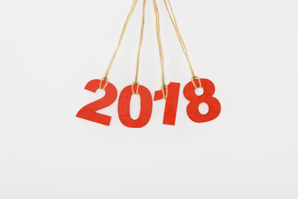 close up view of 2018 year sign hanging on strings isolated on white - Photo, Image
