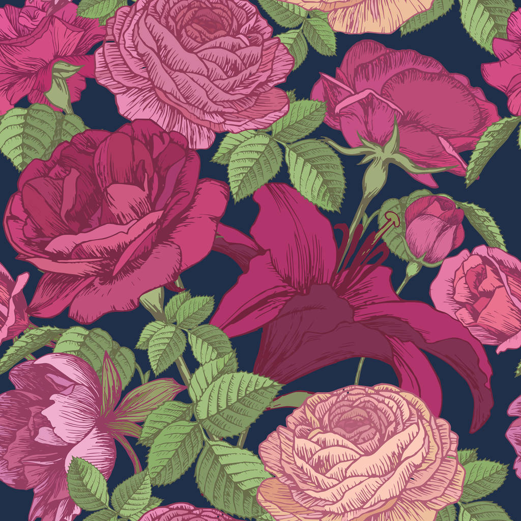 Векторный цветочный бесшовный узор с лилиями, пионами, красными и розовыми цветами в винтажном стиле
 - Вектор,изображение