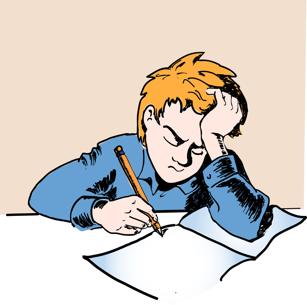 悲しい少年が宿題をやっています。ベクトル イラスト. - ベクター画像
