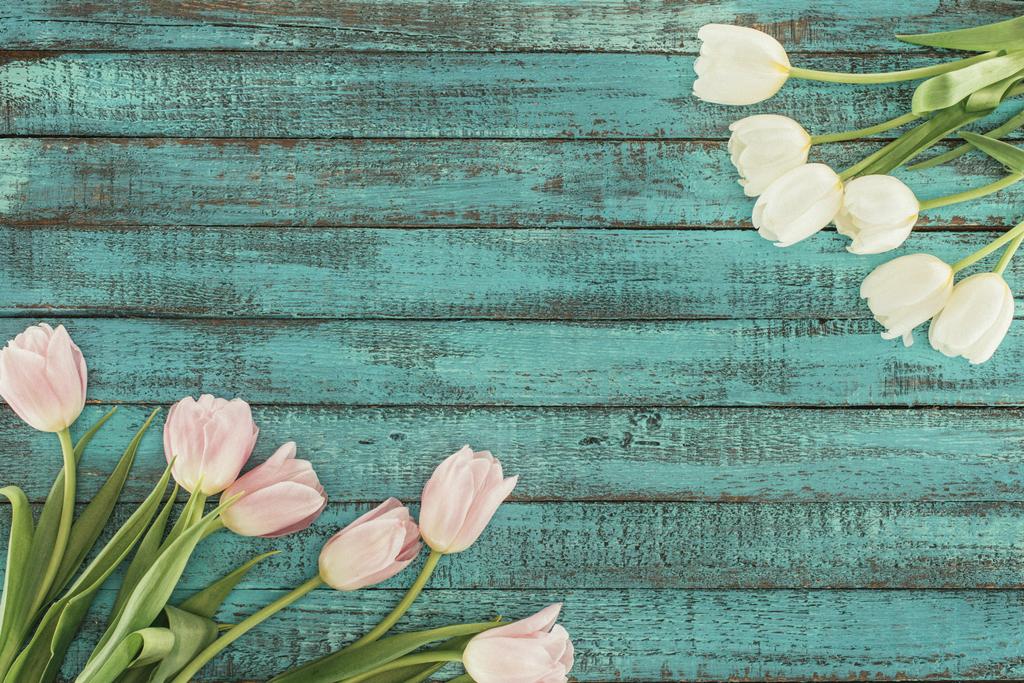 tulipes à fleurs tendres sur fond vert en bois avec espace de copie
 - Photo, image