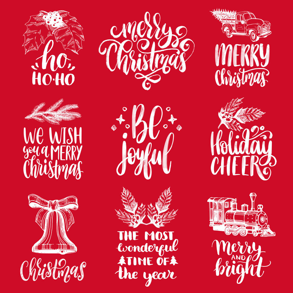 Set of hand written Christmas phrases on red background. Vector hand drawn illustrations of New Year toys and Nativity symbols for greeting card concepts, poster templates. - Vector, Image