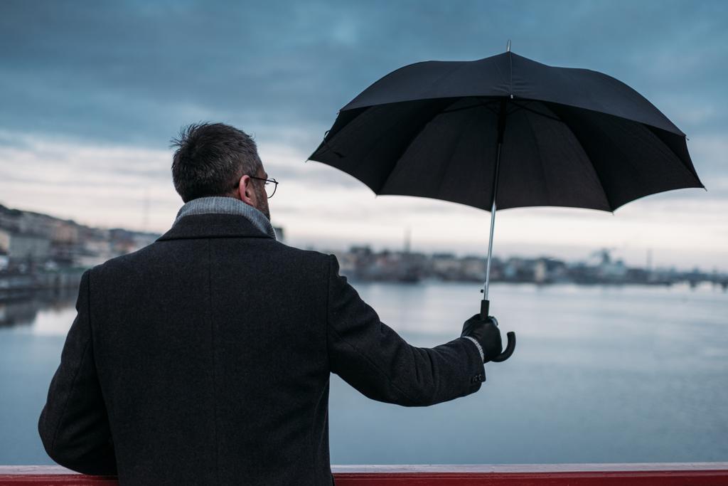 vista posteriore di uomo solitario con ombrello in piedi sul ponte
 - Foto, immagini
