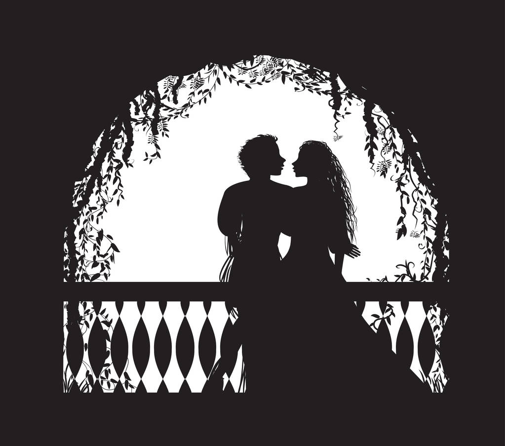 Shakespeare s oyunu Romeo ve Juliet balkon, Romantik Tarih, siluet, aşk hikayesi, - Vektör, Görsel