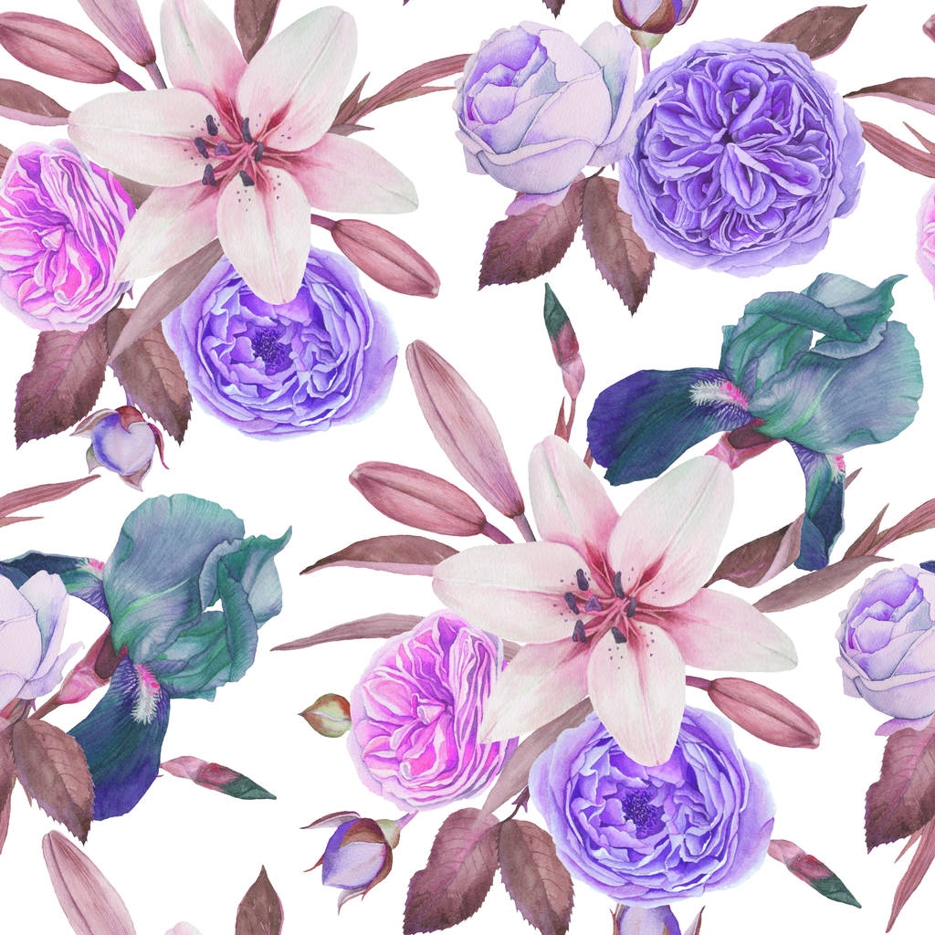 florales nahtloses Muster mit handgezeichneten Aquarell-Pfingstrosen, Rosen und Schwertlilien - Foto, Bild