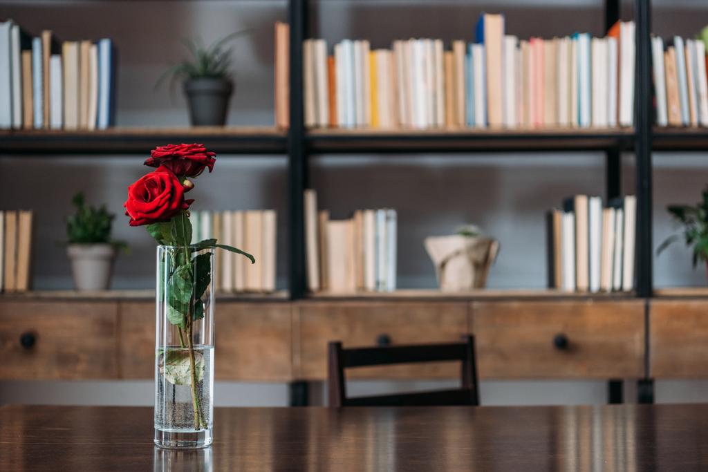 πανέμορφα κόκκινα τριαντάφυλλα σε βάζο στην βιβλιοθήκη - Φωτογραφία, εικόνα