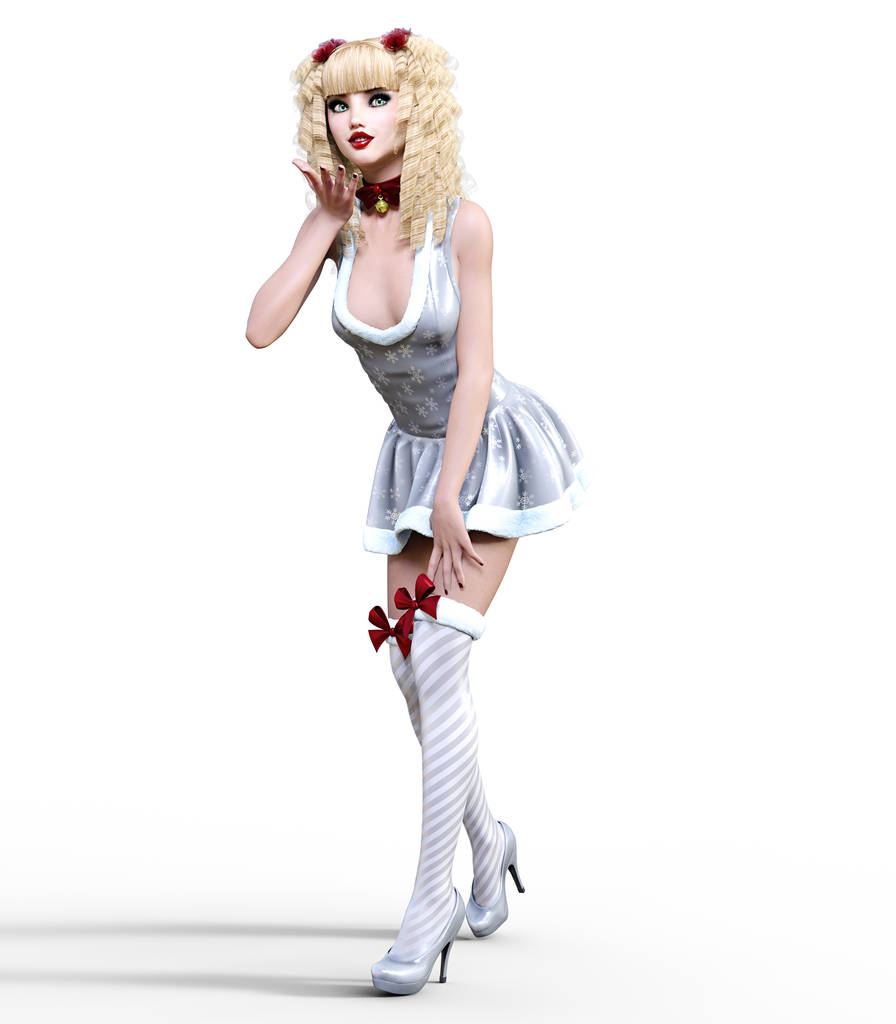 Young beautiful Santa girl with doll face. Short festive dress fur, stockings, shoes. Long blonde hair. Bright make up. Conceptual fashion art. Realistic 3D render illustration. Christmas, New Year. - Photo, Image