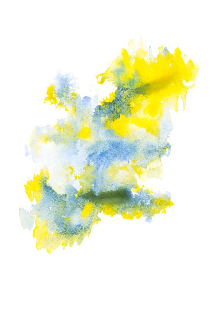 Abstract schilderij met blauw en geel aquarel verf op witte vlekken  - Foto, afbeelding