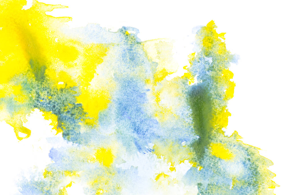 Pintura abstracta con manchas de pintura de acuarela azul y amarillo sobre blanco
  - Foto, imagen