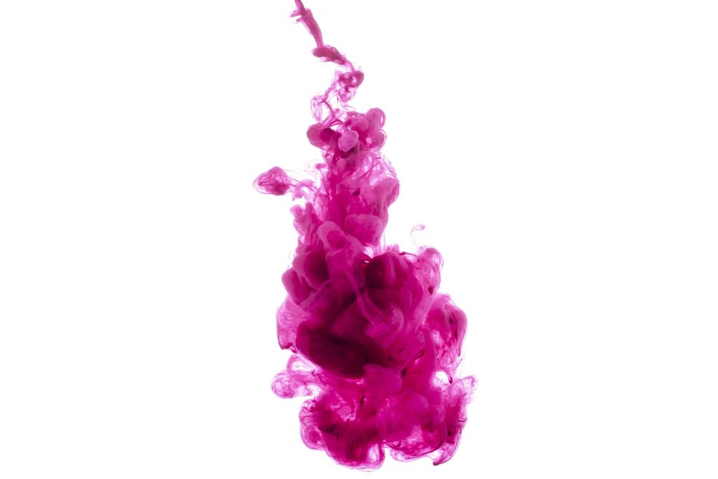 vista close-up de respingos de tinta rosa brilhante isolado no branco
 - Foto, Imagem