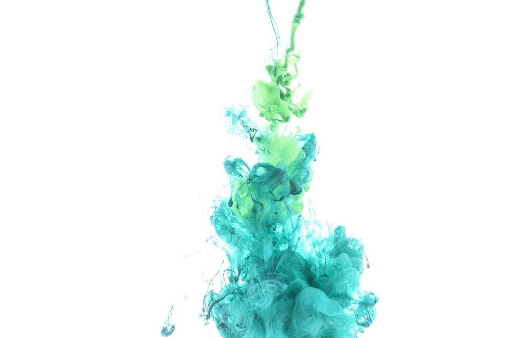 close up view of green and blue paint splashes isolated on white - Photo, Image