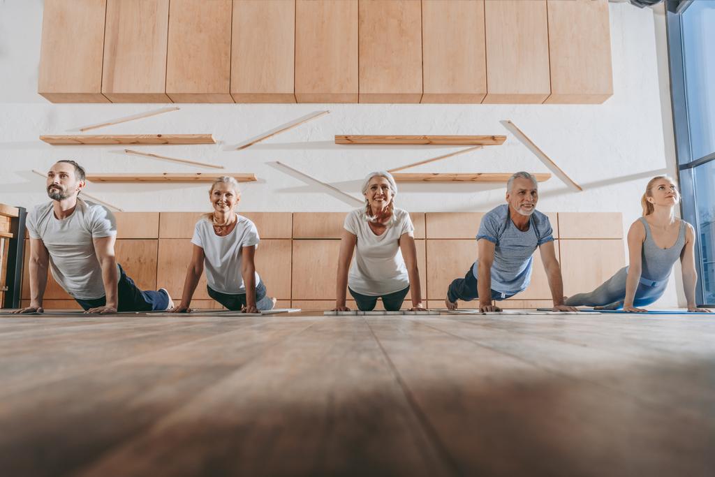 group of senior people practicing yoga in dog pose on mats in studio - Photo, Image