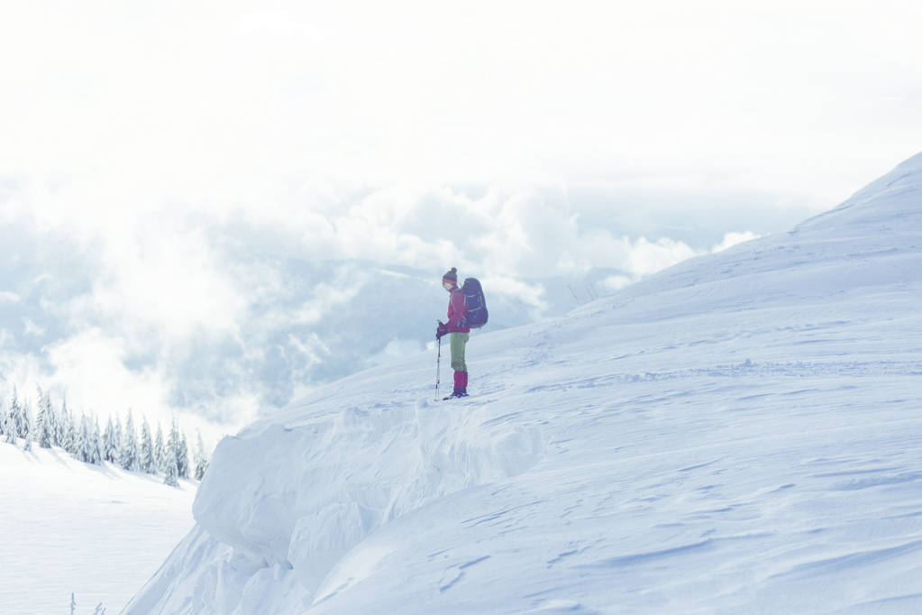 Senderismo de invierno en las montañas en raquetas de nieve con una mochila y
  - Foto, Imagen